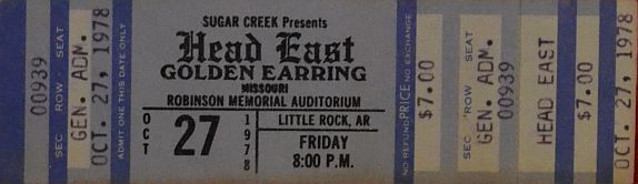 Head East with Golden Earring October 27, 1978 ticket Little Rock Arkansas.